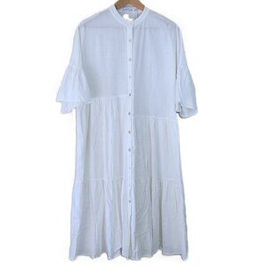 Petal & Pup White Short Sleeve Ruffle Tiered Midi Dress size 2 Button Front Boho